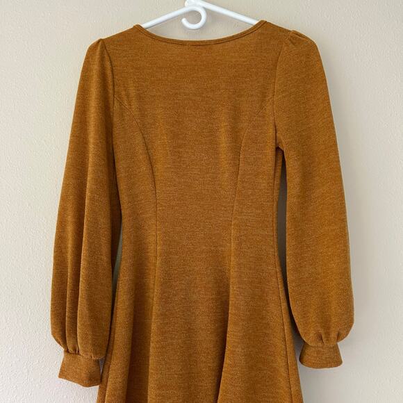 Everly long skater mini dress sleeve puff balloon sleeve fall  mustard yellow S - Picture 8 of 9